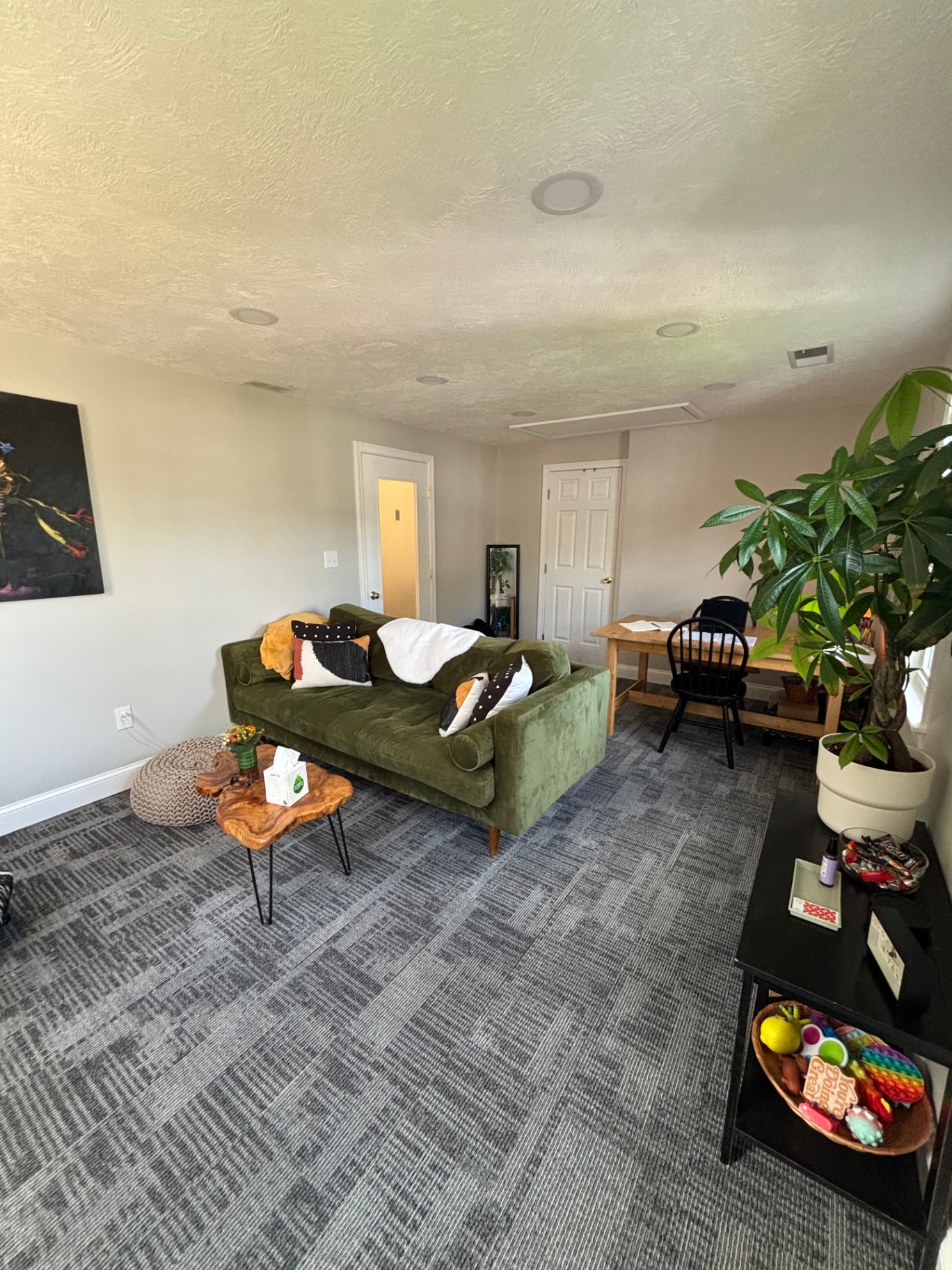 Wide view of the counseling office with desk and plant