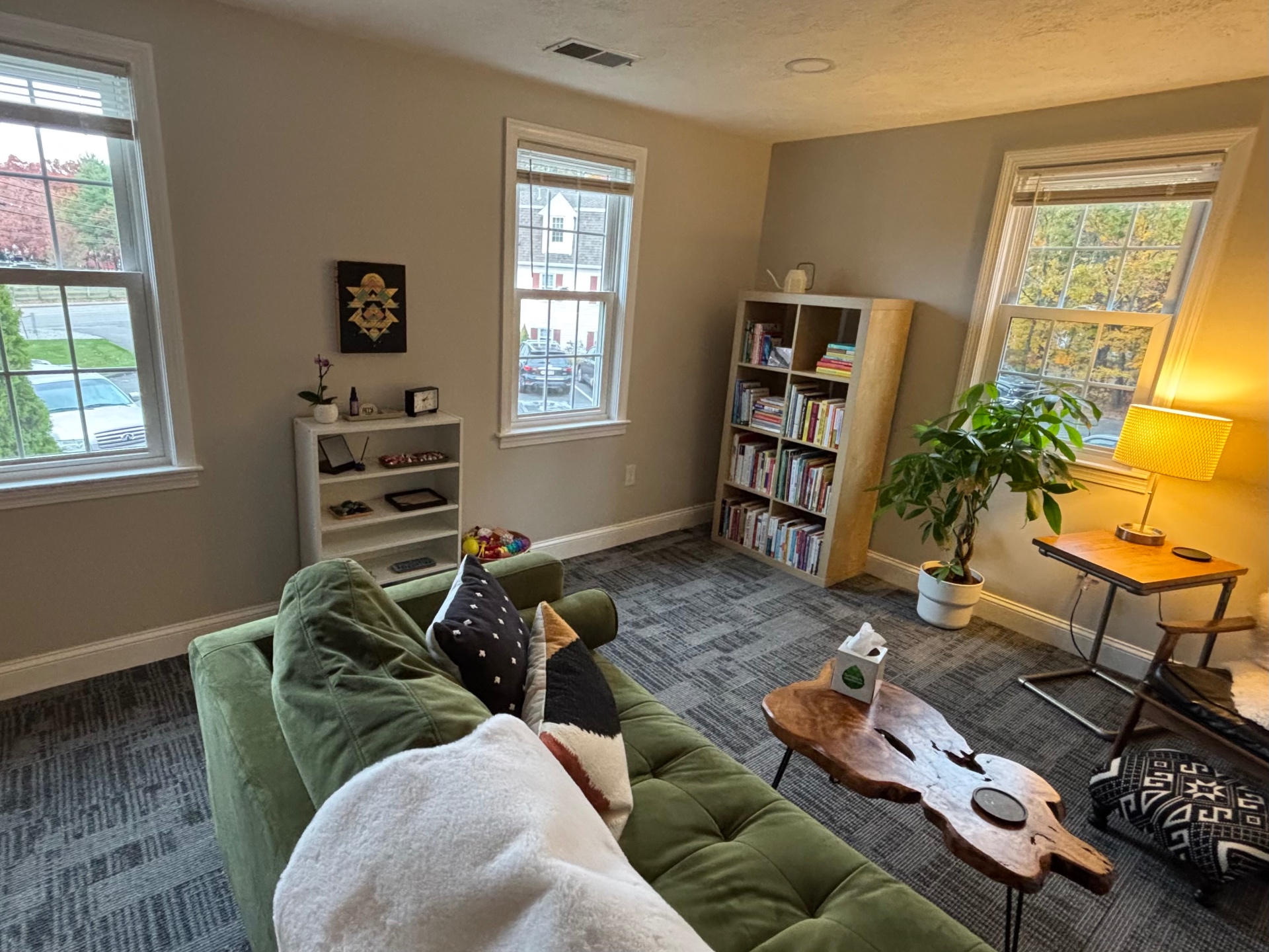 Cozy office seating area with sofa, bookshelf, and side table